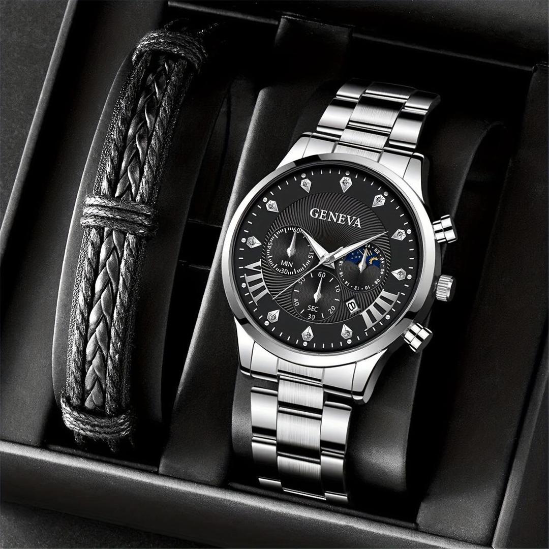 Men's Diamond Steel Watch - Business Quartz with Sun, Moon & Star Calendar