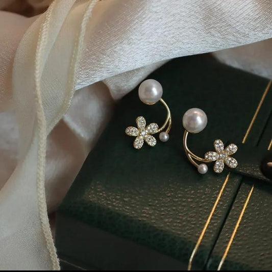 Gold Plated Flower Design Earrings with Zircon and Pearl - 2 Pcs